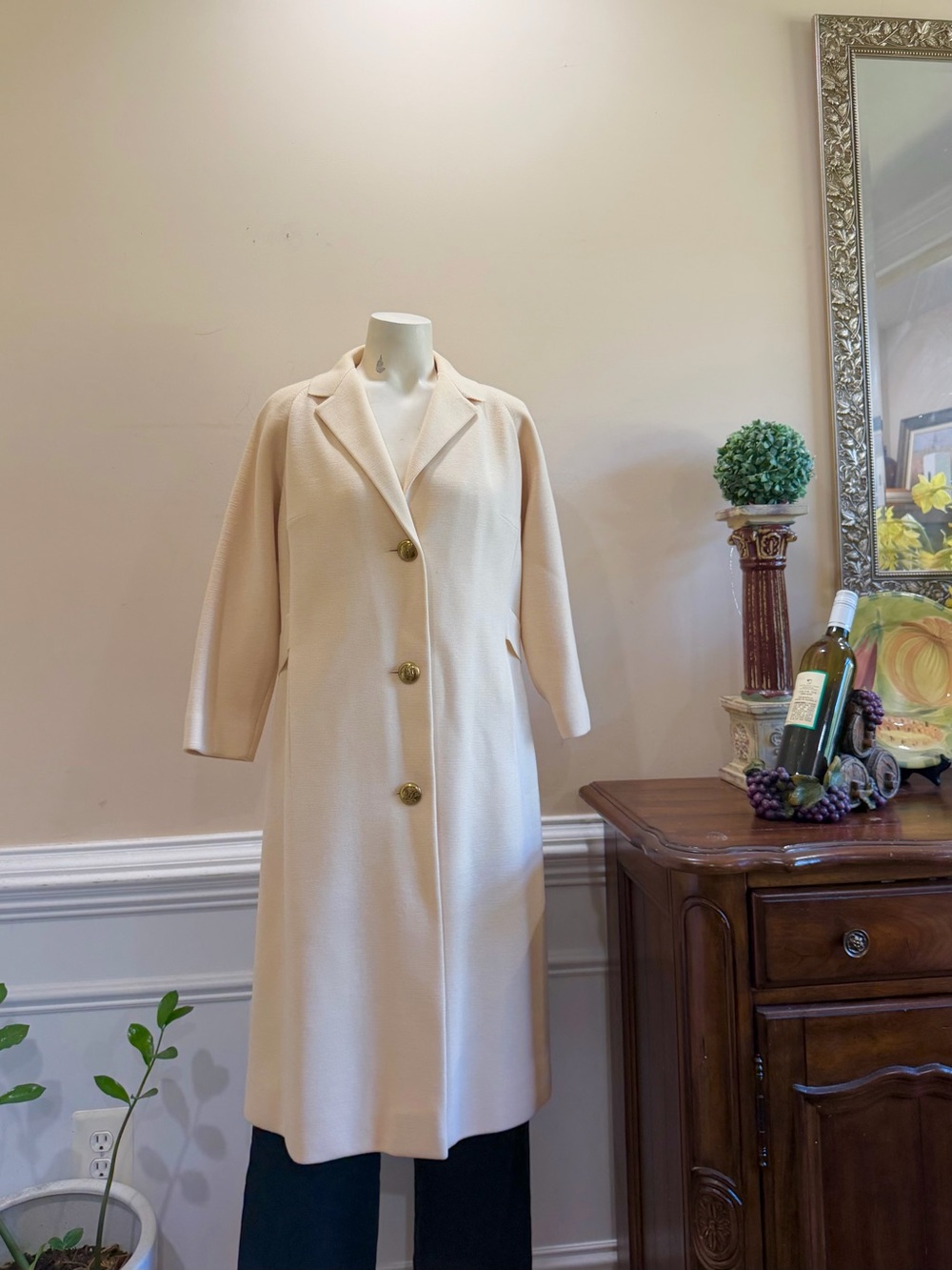 Cisa Pure Wool Cream Single-Breasted Long Coat